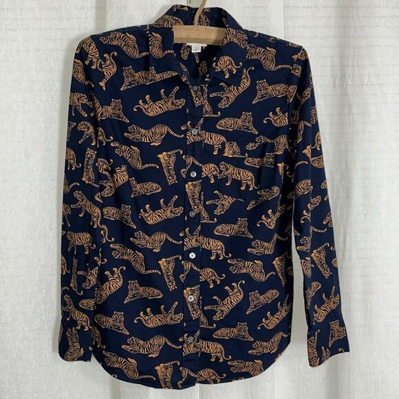 J. Crew S Navy Caramel Brown Tiger Print Signature Fit Stretch Cotton Shirt - Picture 2 of 13